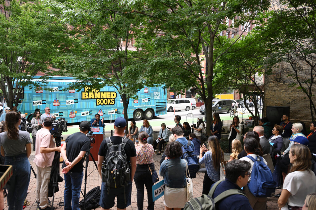 National Endowment for the Arts President, Becky Pringle, addresses a crowd at the Banned Bookmobile launch by Sandmeyer's bookstore in Chicago, Illinois.